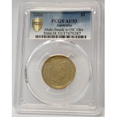 AUSTRALIA 2000 . ONE 1 DOLLAR COIN . ERROR . MULE . STRUCK ON TEN 10 CENTS